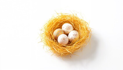 Obraz premium Isolated yellow nest featuring Easter eggs against a white backdrop, seasonal celebration