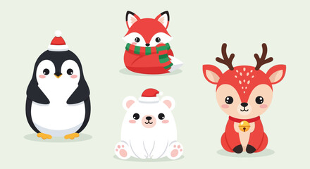 Fototapeta premium Cute cartoon illustration featuring a penguin in a Santa hat, a fox in a scarf, a polar bear with a hat, and a reindeer with a bell.