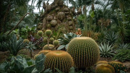 Rare cacti and succulents displayed in a lush greenhouse, showcasing biodiversity, Earth Day