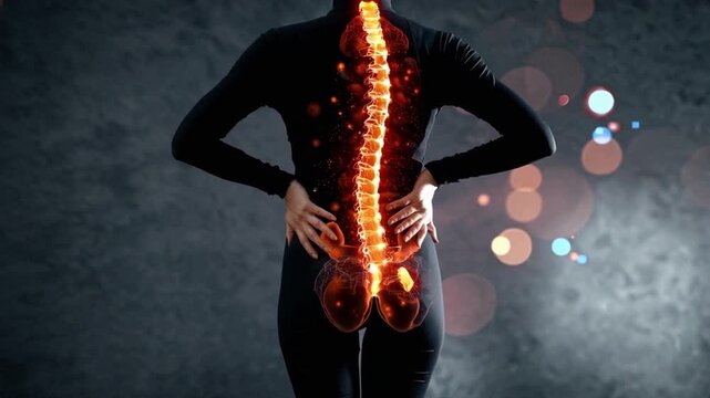 Human body silhouette with highlighted spine and nervous system on a dark background. Concept of spinal health, posture, back pain, nervous system, anatomy, healthcare, medical science, and physical 