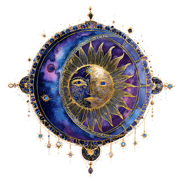 Stylized Sun and Moon Face Design with Ornate Gold Detailing and Watercolor Texture