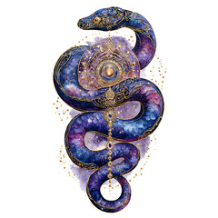 Intricate Snake Coiled Around Golden Mandala with Celestial Scale Texture and Starry Details