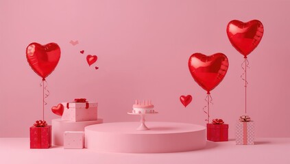 Podium for showcasing products, circular display stage with gift boxes and heart-shaped balloons, suitable for birthday and Valentine's Day celebrations