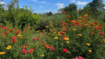 Red and yellow blossoms in a modest garden, vibrant seasonal display