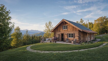Obraz premium Rural Cabin Surrounded by Mountains, Ideal for Retreat and Relaxation