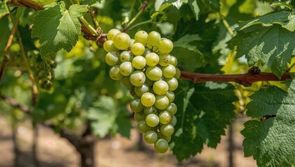 Kishmish grapes on vine with green foliage, highlighting nutritional value