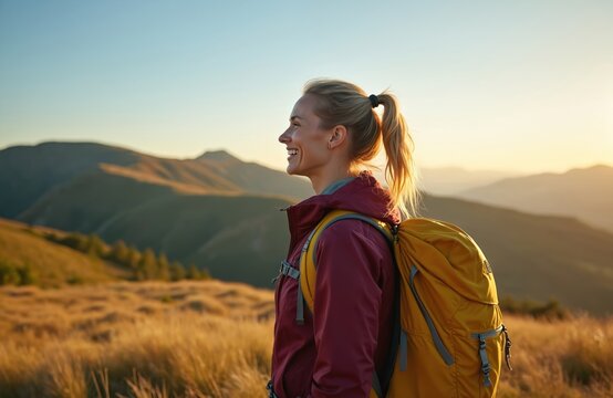 Woman hiker with yellow backpack pauses on grassy mountain slope during sunset. She smiles, looks ahead enjoying scenic landscape view. Female adventurer on solo trip takes break, breathes fresh air.