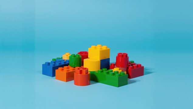 Plastic building blocks on a blue backdrop, play and creativity, teamwork