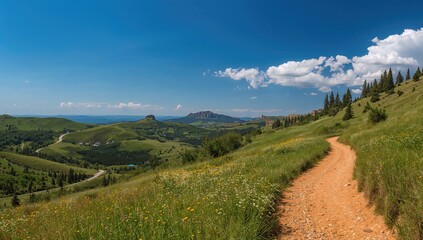 Naklejka premium Scenic landscape showcasing undulating hills beside a walking path, ideal for outdoor activities