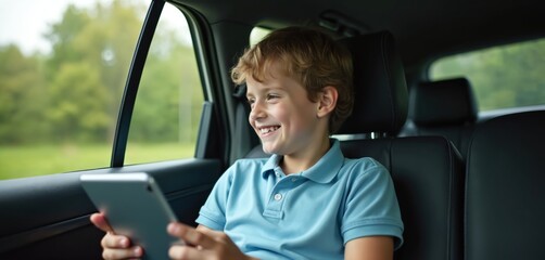 Happy boy rides in car backseat holding tablet. He smiles looking out car window at green trees passing by on sunny day trip. Kid enjoys digital game and nature views during travel.