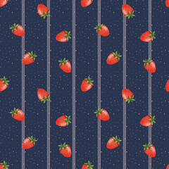 Delicate watercolor seamless pattern featuring ripe strawberries on a background of vertical stripes and dots. Ideal for textiles, packaging, stationery, and home decor.