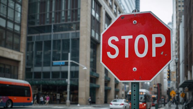 Green pilon stop sign in front of building facade, urban density