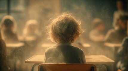 Child in classroom with dust particles, highlighting asthma prevention needs.