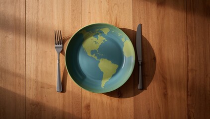 Earth dish with fork and knife on wooden surface, addressing global hunger awareness