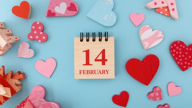 Hearts and a wooden calendar displaying February 14, symbolizing love and togetherness, Valentine's Day - Powered by Adobe