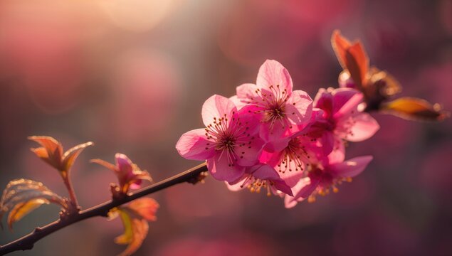 Vibrant pink flowers grace a branch, illuminated by soft sunlight, showcasing a serene moment in nature