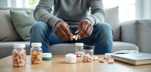 Elderly black man sits on sofa sorting pills. Bottles with capsules and supplements are on table. Daily health care routine with vitamins and medication.