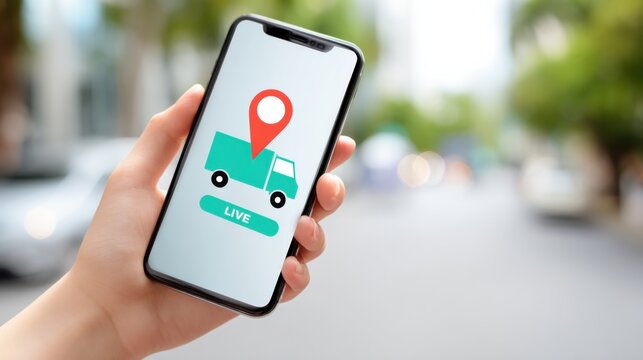 Smartphone displaying live delivery tracking with location pin and delivery truck icon, showcasing modern technology and convenience in urban environment