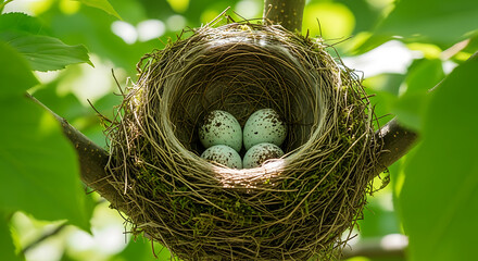A bird's nest with speckled eggs nestled among green leaves in a tree branch outdoors in sunlight