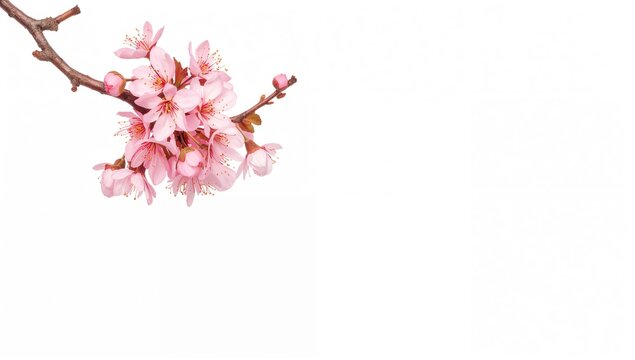 Cherry tree branch adorned with vibrant pink flowers against a white backdrop, suitable for text overlay - Powered by Adobe