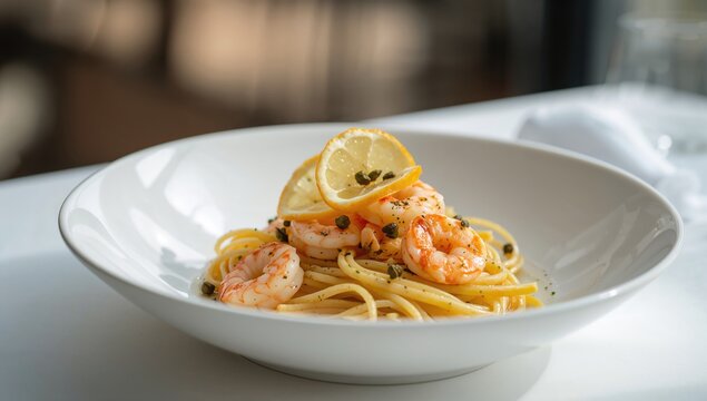 Shrimp piccata pasta featuring lemon and capers served in a white dish, protein-rich meal