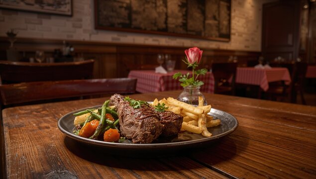 Tenderloin served with fries and vegetables on a hot plate, protein-rich meal