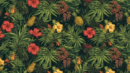 Hand-drawn tropical 2D illustration featuring exotic palm leaves, hibiscus flowers, and pineapples on a dark backdrop, ideal for editorial design