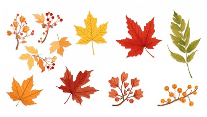 Fototapeta premium Collection of vibrant autumn leaves and berries set against a white backdrop, seasonal change