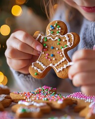 A child decorating gingerbread cookies with colorful icing and sprinkles during the holiday season