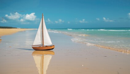 Miniature fishing vessel on the shoreline, showcasing the theme of leisure