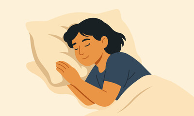 Person peacefully sleeping on soft pillow and blanket. Calm night illustration symbolizing rest, comfort and healthy lifestyle.