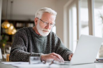 Thoughtful senior man with white beard and glasses working on a laptop at home, focused on tasks, remote work and modern retirement lifestyle