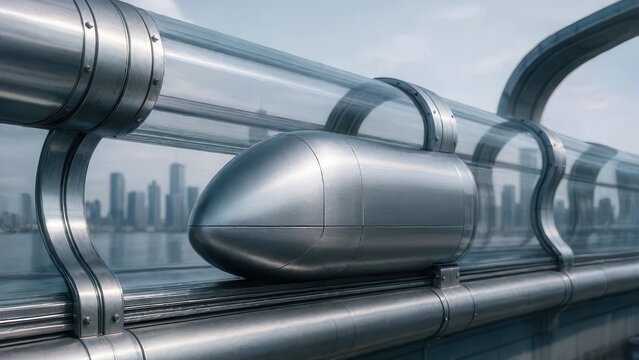 Next-Generation Cargo Tube: Sealed metallic pod suspended in low-pressure pipeline system with distant urban environment visible