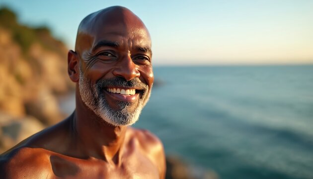 Happy senior african american man smiles against sea background. Bald elderly male enjoys vacation at the ocean. Portrait of cheerful retired person. Sunny summer photo.