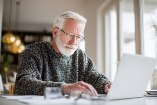 Thoughtful senior man with white beard and glasses working on a laptop at home, focused on tasks, remote work and modern retirement lifestyle
