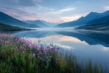 Serene alpine lake at dawn with misty mountain reflections, pink wildflowers on the shore and tranquil blue-hour sky creating a peaceful panorama