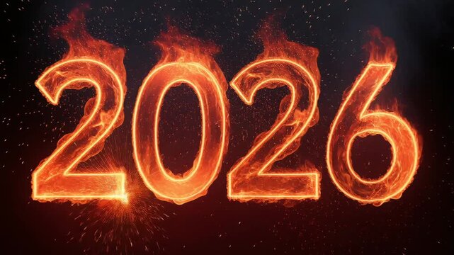 Burning 2026 numerals engulfed in flames, intense ember sparks and molten texture with dark starfield background and cinematic