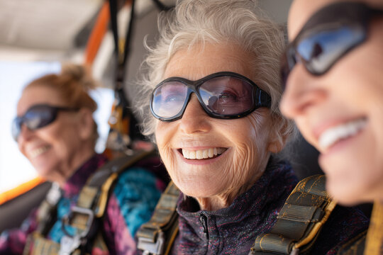 Joyful senior women in skydiving gear smiling and ready for a tandem jump — active adventure, courage and friendship in later life
