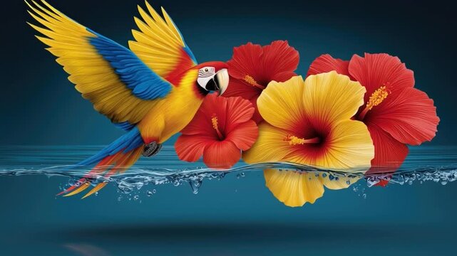 Colorful Parrot with Hibiscus Flowers Floating on Water Surface Amidst Calm Background