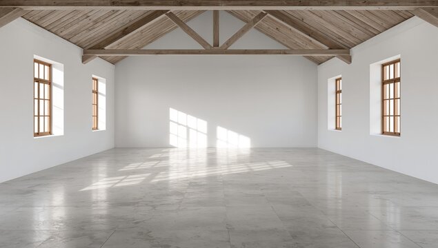 Empty room with gable roof and concrete flooring, designed for light entry, potential for seasonal adaptation