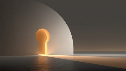 A keyhole illuminated by warm light, set against a dark, smooth surface. The scene conveys a sense of mystery and exploration.