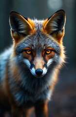 Fototapeta premium Close-up portrait of red fox head with striking orange eyes, detailed fur texture. Wild animal looks directly at camera against dark, blurred forest background. Alert ears, facial markings prominent