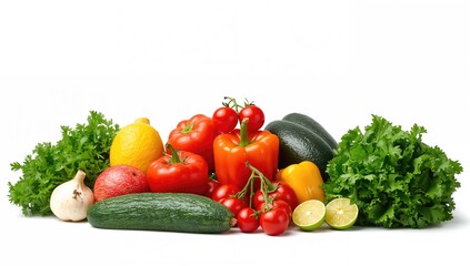 Fruits and vegetables displayed against a plain backdrop, emphasizing healthy meal options