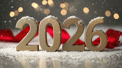 Golden numbers 2026 covered in snow with a red ribbon in the background. Soft bokeh lights create a festive atmosphere.