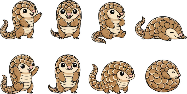 vector illustration of pangolin funny cute cartoon mascot character cartoon with 8 poses 