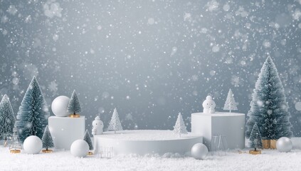 Winter-themed composition featuring geometric shapes and Christmas decorations on snow, ideal for product display and advertising