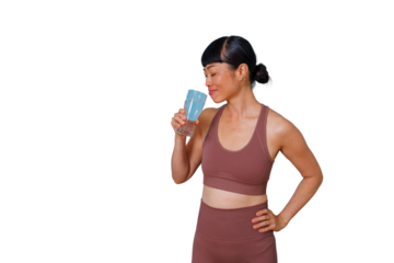 Woman making phone call with smartphone, communicating and smiling, transparent background for versatile use