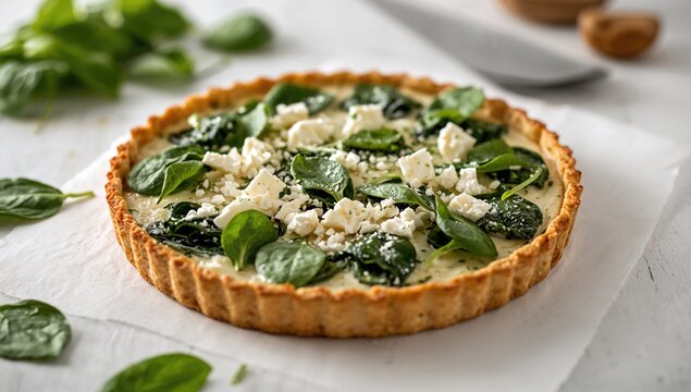 Spinach and Feta Cheese Tart on Light-Colored Wooden Surface, fiber-dense choice