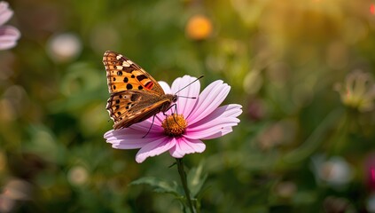 Obraz premium Painted lady butterfly resting on a cosmos flower, seasonal change