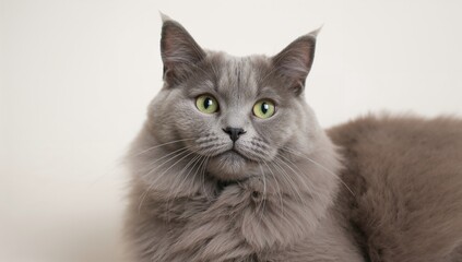 Obraz premium Russian Blue Cat Portrait, showcasing a fluffy appearance and an expression of happiness